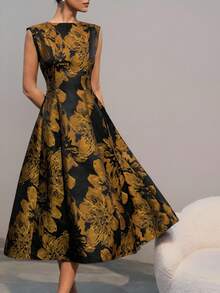 Aveloria Modichic Nuevo vestido elegante y digno para cita nocturna de mujer, de lujo, minimalista y exquisito, con cuello redondo, sin mangas, cintura ceñida y falda acampanada, de tela jacquard - Amarillo - Ver 1