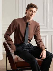 Men's Coffee Brown Shirt Solid Color Formal Dress Shirt With Button Design, Old Money Long Sleeve - Coffee Brown - View 8