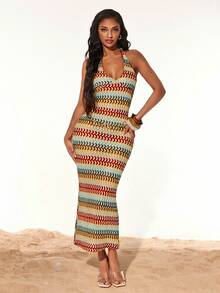 Radiana 女士性感优雅独特彩色条纹钩编修身连衣裙，露背吊带低领连衣裙，性感露背连衣裙，波西米亚风海岛度假连衣裙，沙滩连衣裙，适合夜晚、约会、聚会、派对、俱乐部、夜总会、鸡尾酒会、音乐节、演唱会、假日、海滩、度假等场合。 - 彩色 - 查看 5
