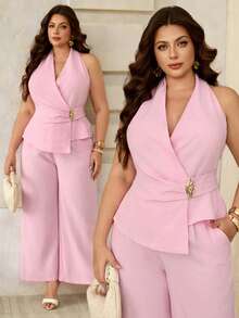 Roveilla Bộ đồ nữ cỡ lớn gồm áo không tay cổ chữ V nhún eo với khóa kim loại lớn và quần ống rộng cạp chun, dáng suông, thanh lịch, cổ điển kiểu Pháp, lãng mạn, tối giản, thích hợp cho công sở, đi làm, đi biển, nghỉ lễ, dạo phố, phong cách xuân hè. - Hồng - Xem 1