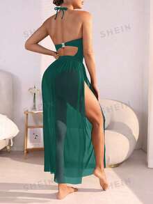 SHEIN Swim Traje de baño de una pieza con empuje hacia arriba de malla de contraste con falda transparente de playa de verano - Verde Oscuro - Ver 2