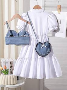 Elladie kids Bộ đồ hai mảnh mùa hè thanh lịch dành cho bé gái, gồm áo hai dây lửng bằng denim và váy sơ mi tay ngắn màu trơn, kèm túi hình trái tim tặng kèm, phù hợp cho mặc hàng ngày, đi học, dự tiệc. - trắng - Xem 2