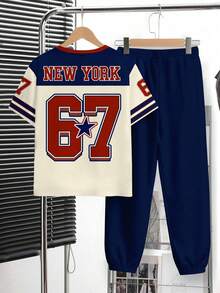 Tween Boy Navy Blue Streetwear Set,Back-To-School Y2K Retro American Patchwork Number 67 Round Neck Short Sleeve T-Shirt & Pants For School Summer - Multicolor - View 3