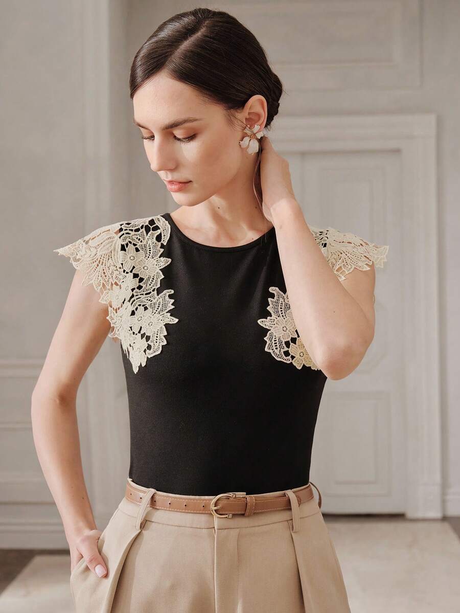 Anewsta 女士刺绣优雅T恤，春夏款 - 黑色 - 查看 1