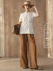 Arave 女士针织扭结金属扣圆领休闲简约短袖白色上衣 - 白色 - 查看 3