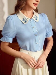 Vintamour 复古优雅女士衬衫，花卉刺绣，撞色滚边，珍珠纽扣，休闲度假上衣，夏季上衣，夏季女装，春季女装，春季女装，复活节女装，优雅女士衬衫，休闲女衬衫，白色上衣，度假女装，夏季女装 - 淺藍色 - 查看 2