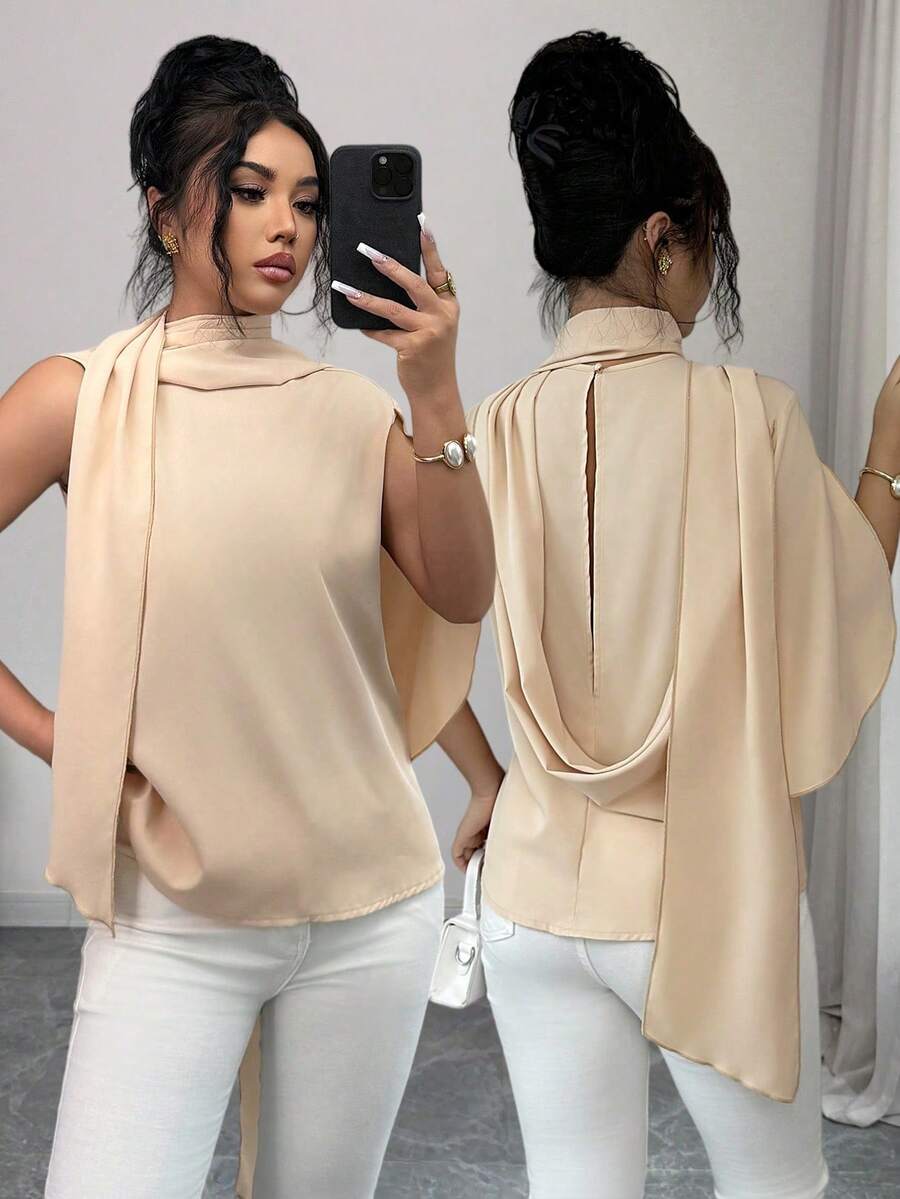 Rafferiza Blusa Elegante de Cor Sólida com Laço no Pescoço para Uso Diário - Damasco - Visão 1