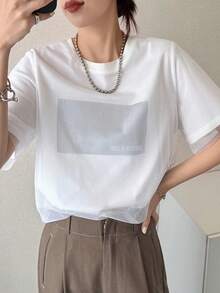 FRIFUL Women's Summer Solid Color Patchwork Sheer Mesh Loose Casual Versatile T-Shirt - White - View 7