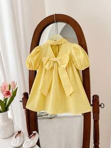 SHEIN LMoss Kids 女婴可爱绿色短袖翻领连衣裙，夏季 - 黃色 - 查看 2