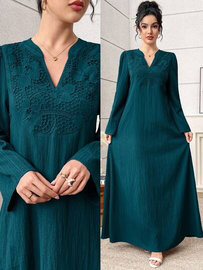 Al Najma Đầm nữ thanh lịch cổ chữ V phối ren tương phản kiểu Ả Rập