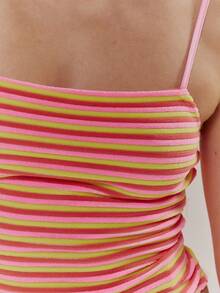 MUSERA Bộ áo hai dây ôm sát kẻ sọc và chân váy ngắn, thích hợp cho mùa xuân hè, dễ thương, nữ tính, đi nghỉ mát, đi biển, mặc hàng ngày, phong cách sorbet. - Nhiều màu - Xem 6