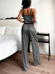 ZzzCrew Summer Decorative Button Striped Print Bodycon Knit Camisole & Leggings Set, Sexy Style - Black - View 2