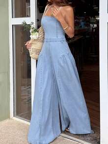 Sunnyshic 女士休闲度假性感露背系带阔腿牛仔连体裤 - 藍色 - 查看 6