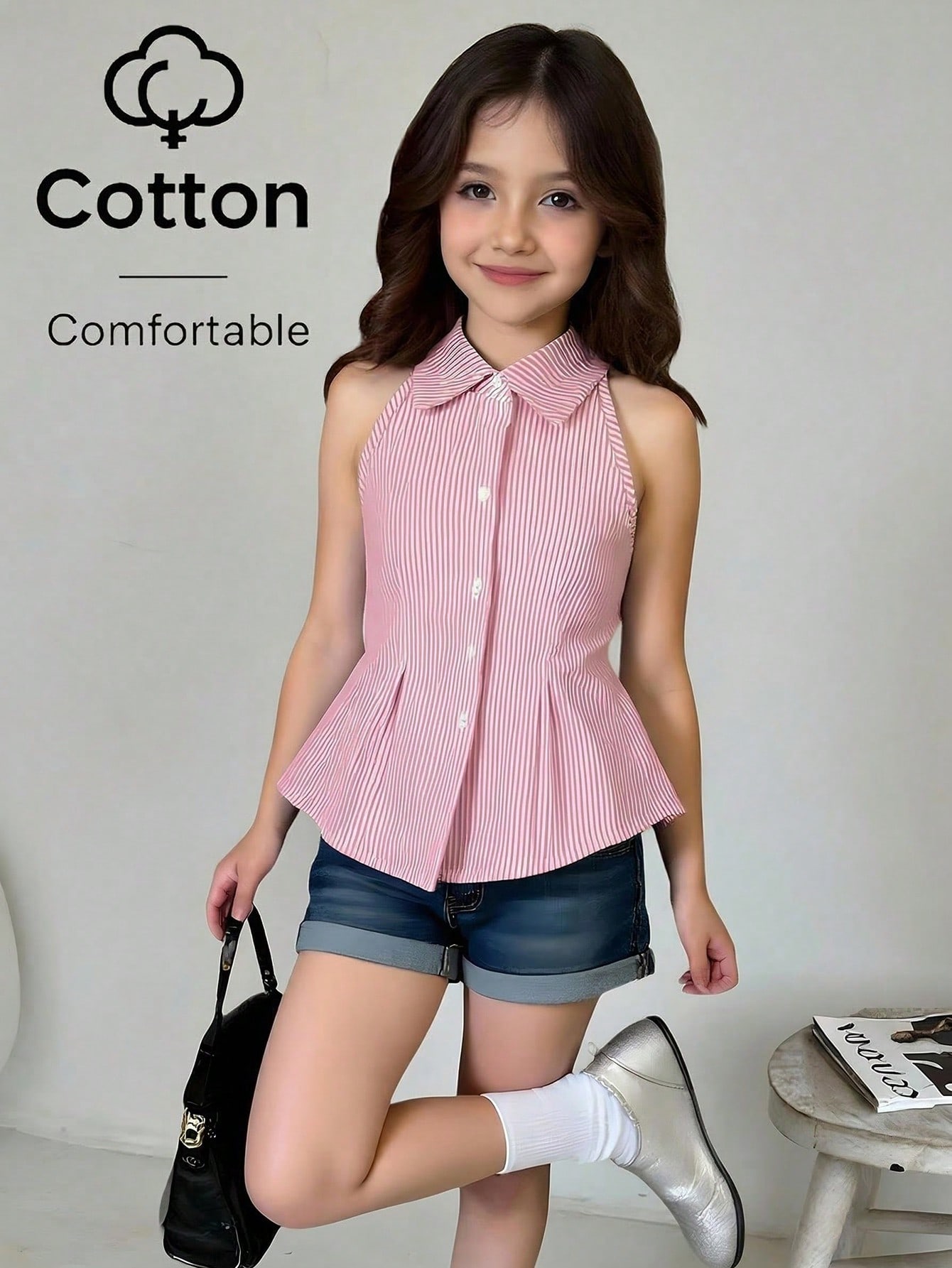 SHEIN بلوزة أنيقة بياقة وأكمام بلا أكمام، مخططة با...