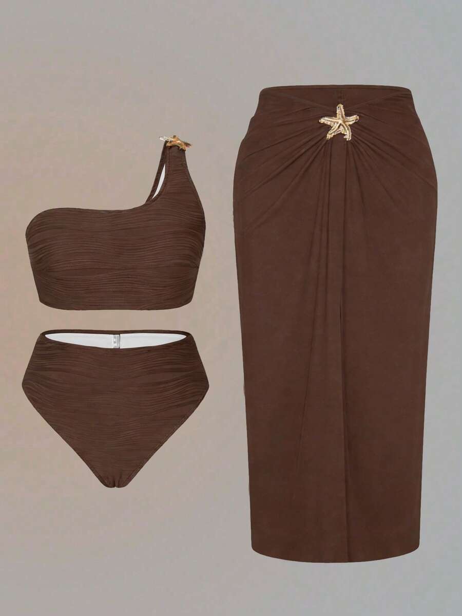 Swim Oasis Conjunto de bikini de 3 piezas de color sólido para mujer de talla grande, adecuado para la playa, la natación y las vacaciones - Café integral - Ver 1