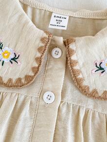 SHEIN Vintaside Kids Đầm mùa hè dáng suông thêu hoa, cổ rộng, thoải mái cho bé gái. - Màu Khaki - Xem 8