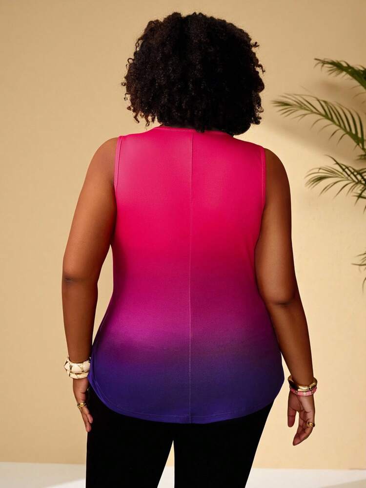 Valentine's Day Gradient Color Plus Size Summer Pleated Tank Top For Women, Spring/Vacation Plus Size Top Women's Summer Top Curve Vacation Women Holiday For Women Beach Vacation For Women