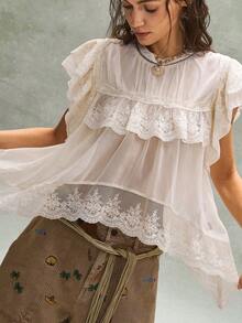 SHEIN BohoFeels Blusa de mujer de estilo bohemio francés romántico para vacaciones de verano, con bordados, volantes y encaje, de estilo libre y casual. Estilo de vestir libre y relajado, disfraz de mujer para carnaval, playa, vacaciones de verano - Albaricoque - Ver 5