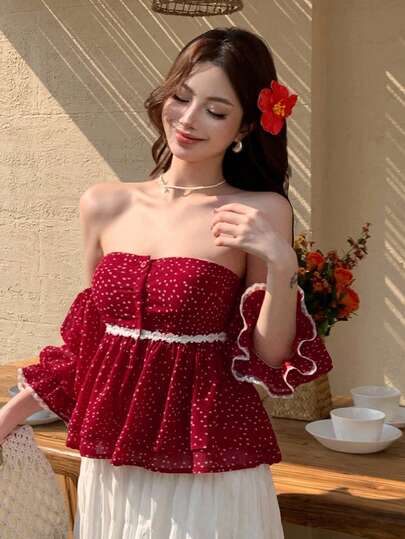 Joudiya Blusa roja con estampado de lunares y volantes de encaje, diseño calado, un hombro, corta, cintura ceñida, manga corta, estilo casual de playa y vacaciones, para primavera y verano