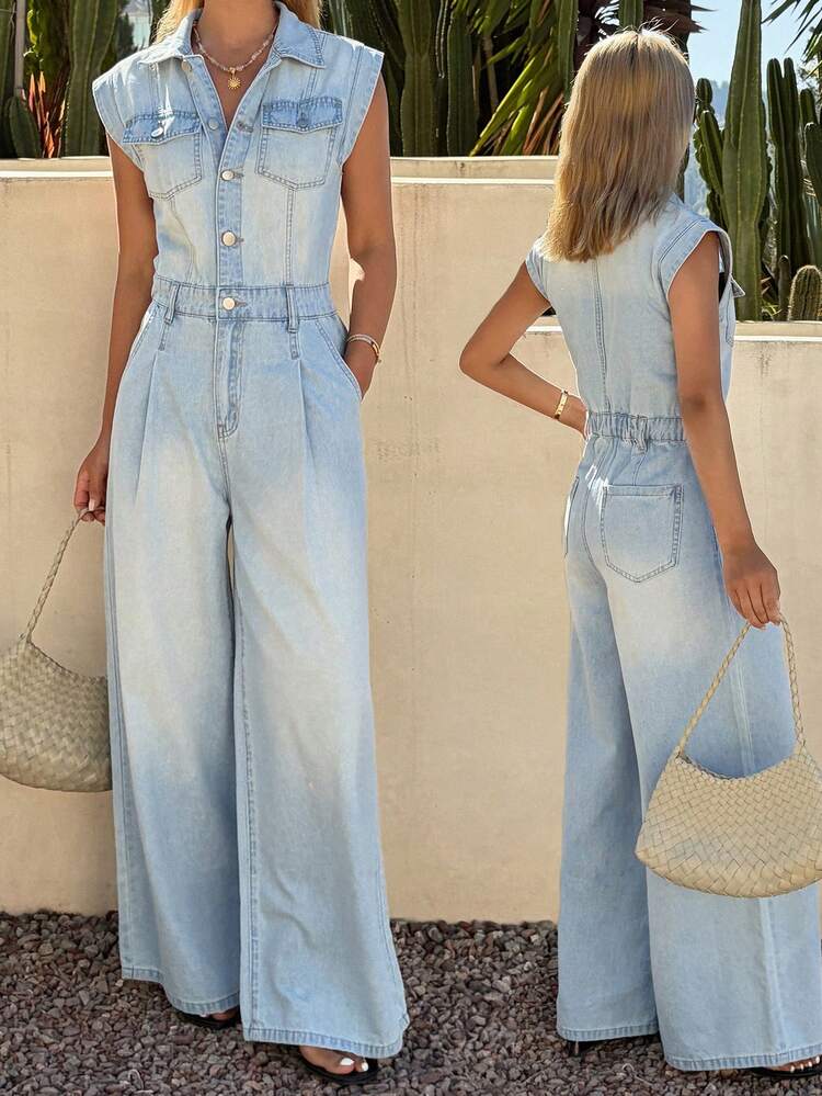 Women's Collared Sleeveless Waist Cinching Casual Denim Jumpsuit And Overalls