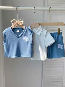 SHEIN 男婴三件套蓝白圆领无袖背心、翻领短袖开衫、休闲短裤套装，适合上学、外出和居家穿着。 - 彩色 - 查看 4