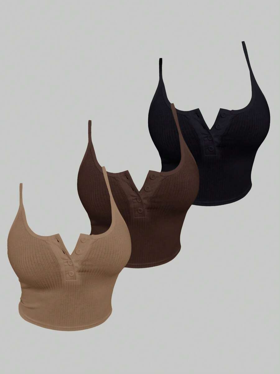 Glamine Top casual de botones con tirantes, de unicolor acanalado, set multicolor - Multicolor - Ver 1