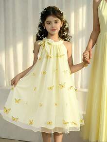 SHEIN Đầm hè thời trang mới 2026 chất liệu mềm mại, co giãn, không tay cổ yếm họa tiết hoa 3D cho bé gái, thích hợp cho tiệc tùng và kỳ nghỉ, đồ dùng cần thiết khi đi du lịch. - Màu vàng - Xem 5