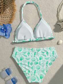 SHEIN Tween Girls Bikini Sets, Cute Knitted Digital Seashell & Starfish Print Fabric Swimwear 2 Pieces Set, Halter Design, Fashionable European And American Elegant Lady Style, Suitable For Swimming, Vacation, Summer Seashell Print Bikini Halter Bikini Set Women's Swimwear Green And White Bikini 2 Pieces Swimsuit Bikini Set Summer Beach Summer Outfits For Women Swimsuit Spring Summer Picks Bathing Suits For Teens Full Coverage - Green - View 2