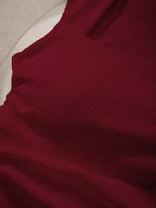 SHEIN EZwear Áo hai dây không cần áo ngực, cổ vuông, eo nhún, có đệm mút. - Màu Đỏ Sâu - Xem 4