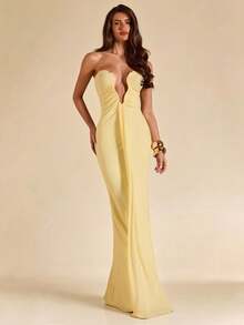 SHEIN BAE Đầm maxi màu vàng kem gợi cảm cổ chữ V sâu, kiểu yếm, đầm vàng, đầm dài thanh lịch, đầm lưới đi biển. - Vàng nhạt - Xem 3