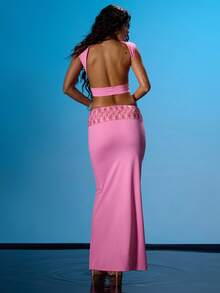 MUSERA 高领修身交叉下摆亮片拼接上衣搭配低腰长裙，套装出售，适合夏季性感外出、海滩度假、伊比沙岛俱乐部等热带风情场合。 - 紫丁香色 - 查看 4