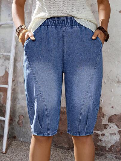 EMERY ROSE 女士弹力腰带口袋休闲百搭七分牛仔裤夏季嘉年华服装通勤度假毕业时尚Y2K可爱街头风性感派对婚礼优雅商务休闲女士商务海滩毕业复活节女士弹力腰带口袋牛仔短裤中长百慕大式蓝色复活节休闲短裤弹力腰带牛仔短裤假日风牛仔短裤