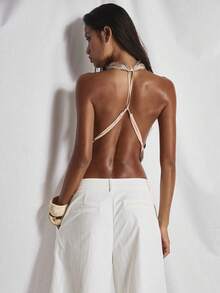 MUSERA High Cowl Neck Draped Fringe Open Back Fitted Top Cute Holiday Sexy Night Out Vacation Spring Summer Elegant Soleil Drape - Gold - View 2