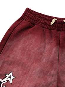 PAVTROS 男士年轻街头风，简约别致的字母星形印花针织短裤，弹性腰带抽绳口袋设计，前片印有水洗波点图案，整体都市风格，简约休闲，街头时尚，百搭日常穿着。节日礼物。 - 酒紅色 - 查看 4