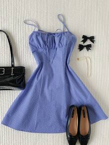 Comfortcana 女士休闲格子吊带迷你连衣裙，夏季 - 藍色 - 查看 3