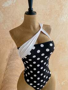 Soleia Áo tắm liền thân nữ họa tiết chấm bi, cổ khoét lệch, kiểu dáng bất đối xứng - Đen và trắng - Xem 6