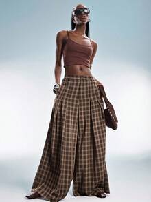 GENKIRA Fashionable Retro Versatile Commuting Casual Plaid Pleated Design Loose Flattering Wide Leg Pants - Coffee Brown - View 2