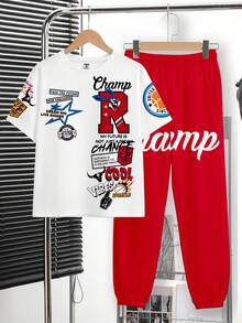 Tween Jungen Weiß und Rot Streetwear Rundhals Kurzarm T-Shirt und Hose Set,Grafikdruck minimalistisches Sommeroutfit,City Break Mode Lässig - Verschiedenfarbig - Übersicht 2