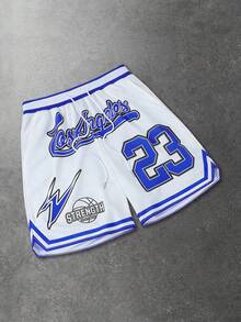 ROMWE MEN Prep Men's Letter & Stripe Print Drawstring Waist Casual Shorts, Summer - White - View 3