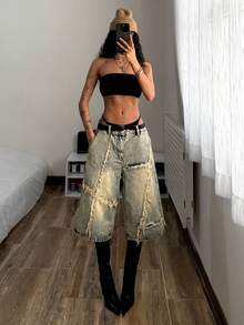 StreetHx Quần short denim ống rộng cạp thấp, chất liệu denim mài, thích hợp mặc mùa hè cho nữ. - Màu xanh lam - Xem 3