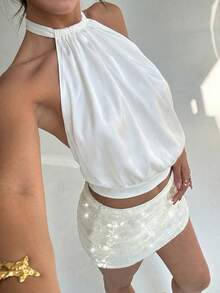 Aloruh 新款春夏露背吊带缎面吊带背心，白色，适合约会、婚礼、休闲穿着 - 白色 - 查看 8