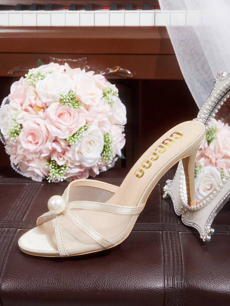 CUCCOO HITCHD Women Shoes Round Toe Stiletto Apricot Mesh Pearl Elegant Fairy Style Wedding Banquet Women High Heel Sandals Peep Toe Sandals Slippers Wedding Shoes Spring Shoes Bride Shoes