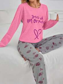 EURMUSE 100% Cotton 2Pcs  Contrast Colour Heart Printed PJ Set - Pink - View 5