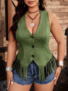 Ceyna Casual Elegant Minimalist American Country Style V-Neck Fringed Vest, Khaki/Coffee Color, Plus Size For Women - Green - View 1