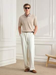 Officeau 男士短袖针织衫，休闲条纹 Polo 领套头针织衫，春秋季 - 杏色 - 查看 5