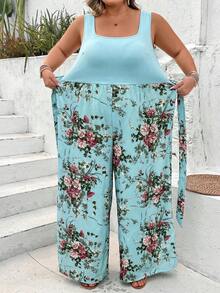 SHEIN CURVE+ Bộ jumpsuit thời trang tối giản dành cho người có vóc dáng ngoại cỡ, thích hợp mặc hàng ngày, phong cách boho hoặc đi nghỉ mát. - Màu xanh nhạt - Xem 7