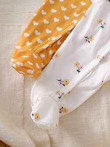 2件套新生儿碎花柔软舒适连脚睡衣，长袖 - 黃色 - 查看 8