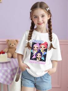 GraphicGems 女孩白色短袖卡通人物印花 T 恤，可爱的 K-Pop 设计，非常适合 K-Pop 粉丝和日常穿着，柔软有弹性的面料，休闲街头风格 - 白色 - 查看 3