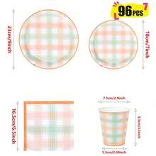 Yellow & Green Gingham Disposable Plates, Napkins And Paper Cups Party Set, Serves 24 Guests. This Disposable Paper Party Tableware Is Suitable For Birthdays, Weddings, Themed Parties And Family Picnics. - View 8