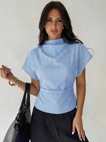 Firerie Wrinkled Collar Asymmetrical Sleeve Side Ruched Cinched Waist Commuter Apricot Bamboo Fiber Linen Blouse For Women,Blue And White Striped Long Sleeve Tie-Waist Shirt - Casual Commuter Vacation Blouse, Cinched Waist Elegant Bohemian Top, All Season - Blue and White - View 9